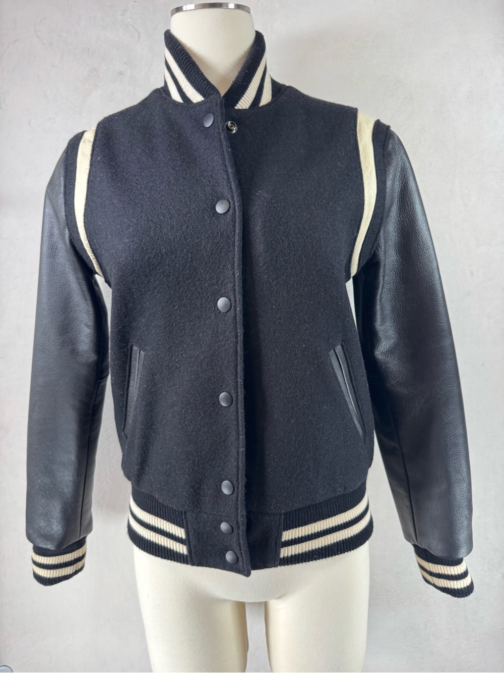 Roots Black and Cream Varsity Bomber Leather Wool Jacket size 4 Smal